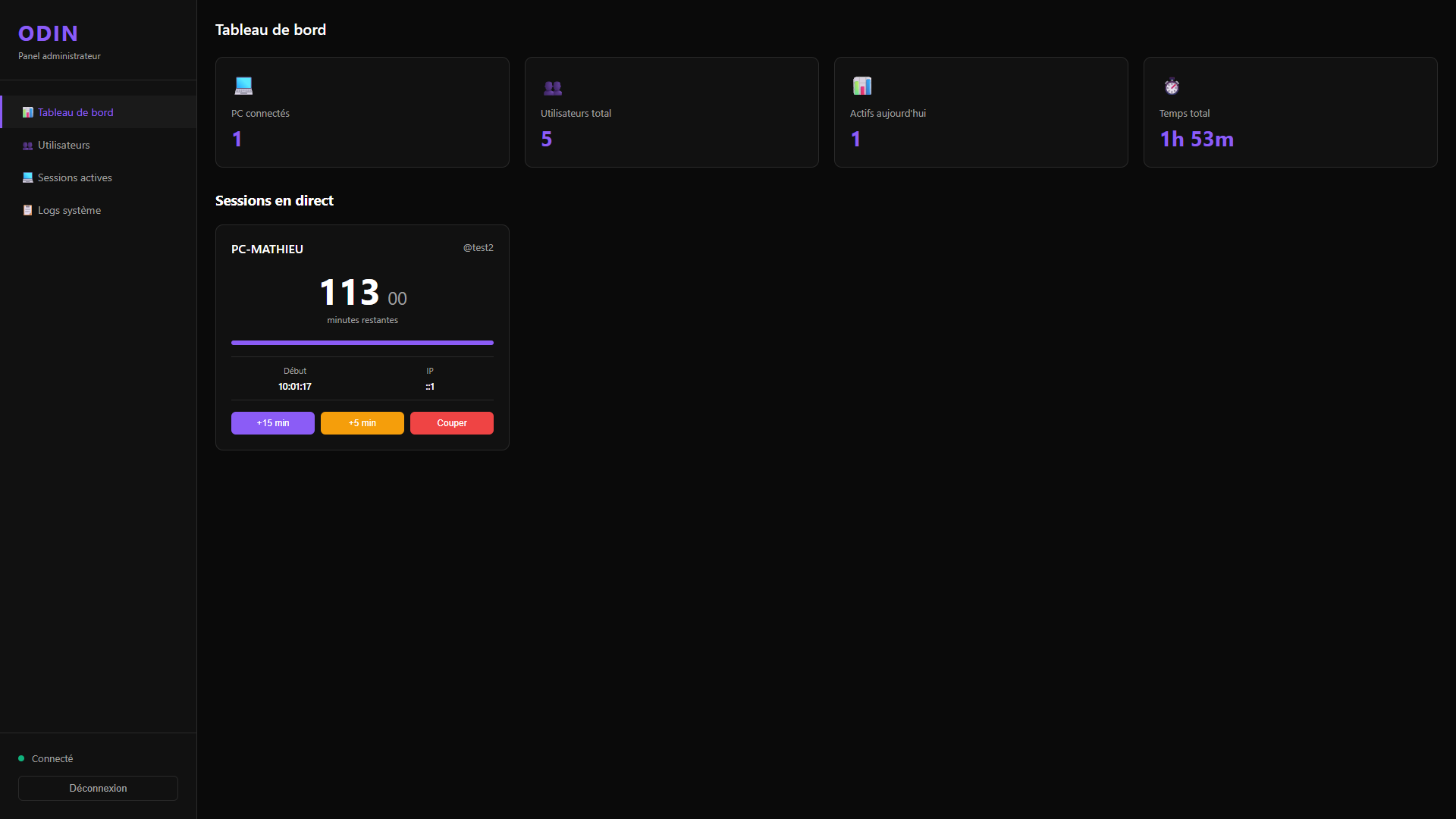 Console principale Odin — vue parc